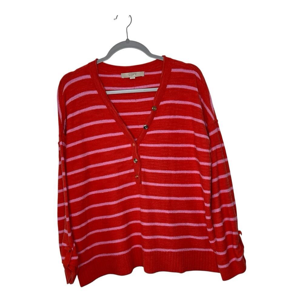 LOFT Sweater Womens XL Pink Striped Button Henley Knit Slouchy Beachy Summer